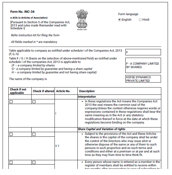 Articles of Association (AOA)