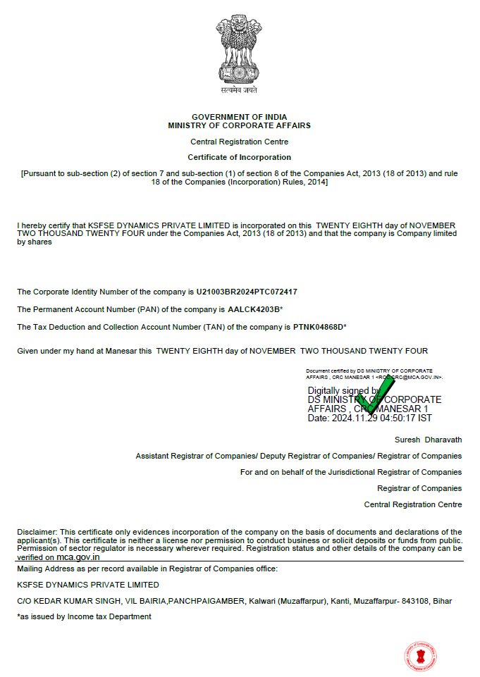 Incorporation Certificate